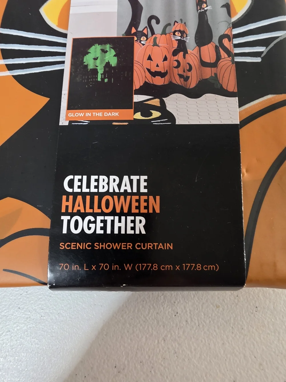 Celebrate Halloween Together Orange Black Scenic Cat Shower Curtain Glow In Dark